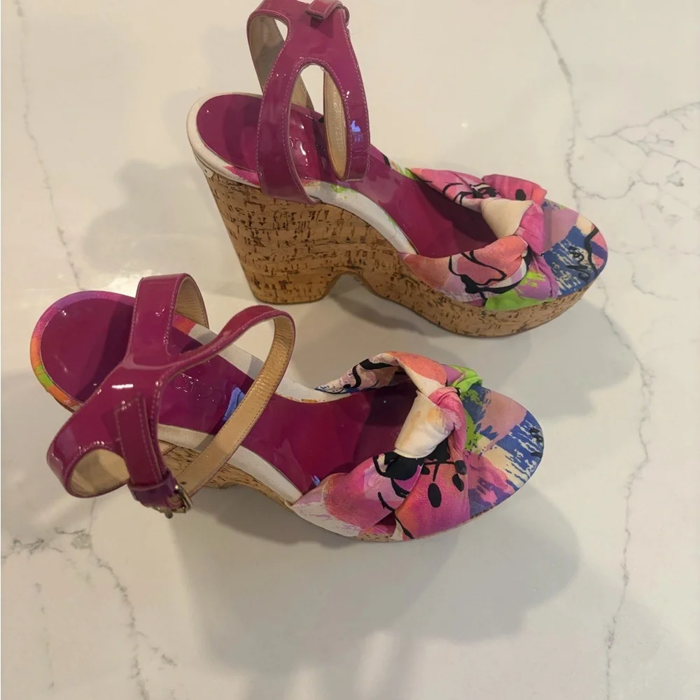 Jimmy Choo Platform Cork Wedge Sandals with Pink Floral Straps Sz 37.5